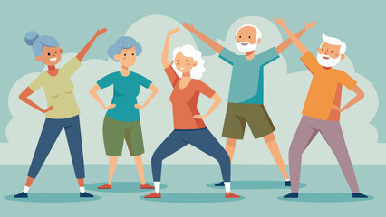 Obraz premium A group of seniors in a fitness class following instructions to move their bodies in specific patterns to help with memory recall.. Vector illustration