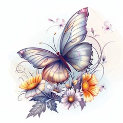 Abstract floral pattern with butterflies for summery wallpaper or card design