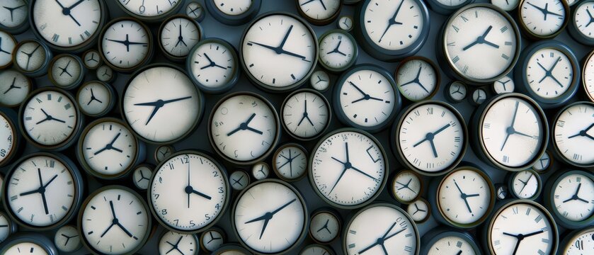 A multitude of round clocks with black frames and white faces showing various times