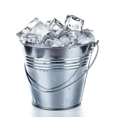 Metal ice bucket filled with cubes, ready to chill beverages, isolated on a white background.