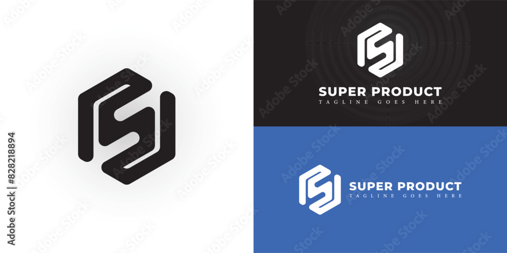 Poster abstract initial hexagon letter sp or ps logo in black color isolated on multiple background colors.