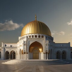 A white and gold building with a gold dome, a digital rendering by Kamal ud-Dīn Behzād