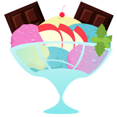 parfait ice cream with various flavor combinations adding two chocolate bars and several fruits as toppings and mint leaves on the big cup of glass. fresh for summer time