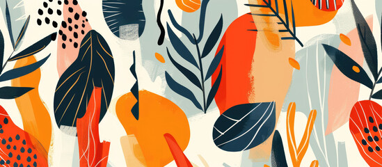 Abstract botanical pattern, hand drawn leaves and flowers in various colors of orange, red, green and yellow on a white background