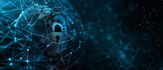Digital lock icon with a global network pattern on a dark background, symbolizing cybersecurity Closeup