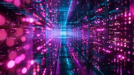 A captivating backdrop of a server room filled with vibrant data flow