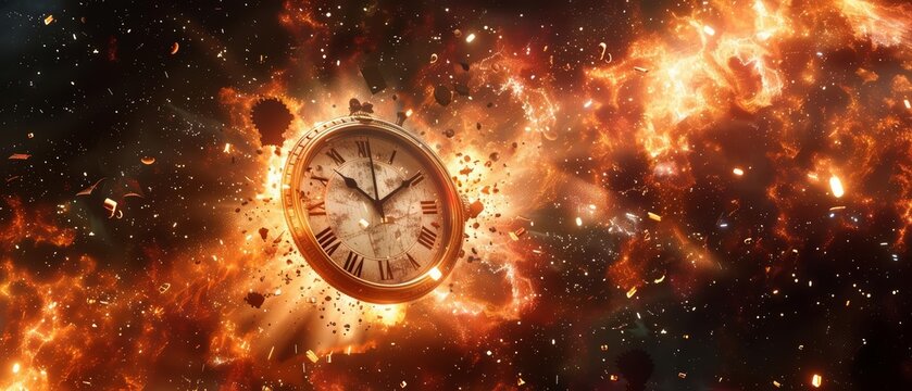 Exploding clock in space with planetary debris and cosmic energy, closeup