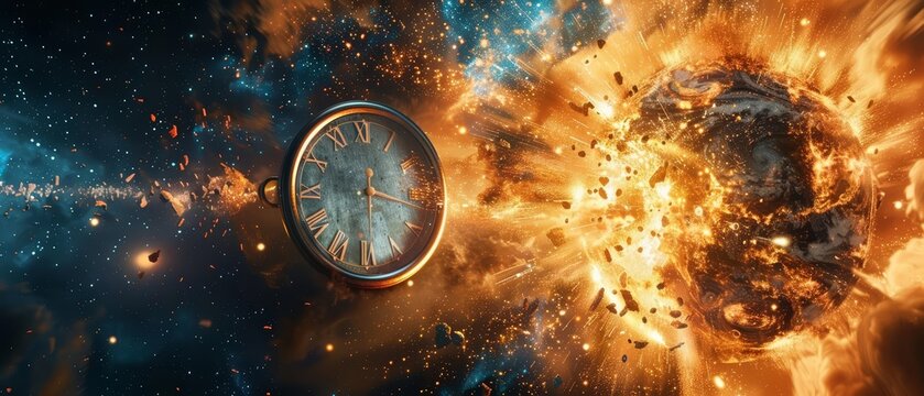 Exploding clock in space with planetary debris and cosmic energy, closeup
