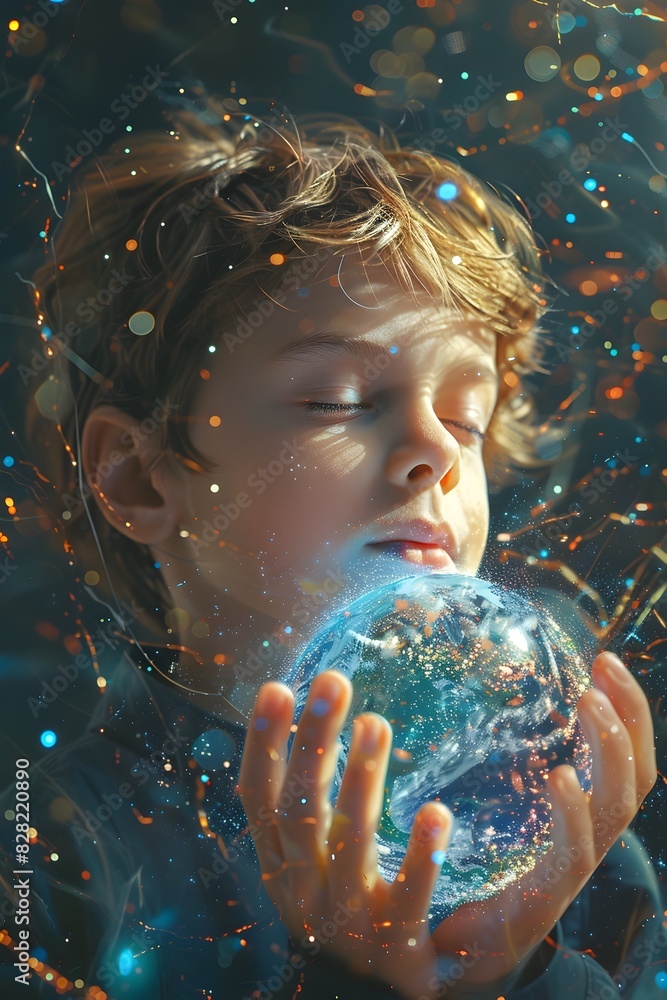Wall mural Thoughtful Child Tenderly Holding Fragile Earth Encased in Plastic,Powerful Environmental Message in Bold Pop Art Style - Wall murals