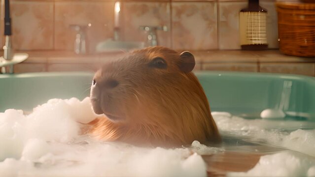 Capybara Relaxing in Bubble Bath Tub with Ai generated.
