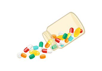 Multi-colored pills and capsules spilling out of transparent pill bottle. Vector cartoon flat illustration of open container for medication. 