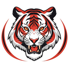 Fototapeta premium A simplified flat image of a tiger with stylized 2d style, red and black color scheme of tiger on white backdrop, sports team logo concept. Isolated 