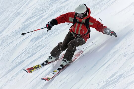 Skiing takes place on snowy slopes, with participants racing downhill or gliding across flat terrain using skis and poles