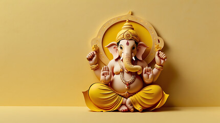Obraz premium A paper cut out of Lord Ganesha on a plain yellow background with copy space, eco-friendly Ganpati visarjan concept, hindu god 