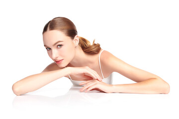 Obraz premium Beautiful young woman with clean fresh skin on white background, Face care, Facial treatment, Cosmetology, beauty and spa, women portrait.