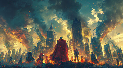 illustration of a superhero team battling supervillains in a sprawling metropolis with epic showdowns heroic feats and secret identities concealed behind masks and capes