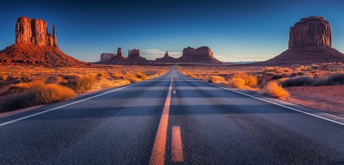 A desert road at high noon, the heat creating a mirage effect on the horizon, with red rock formations on either side. - Powered by Adobe