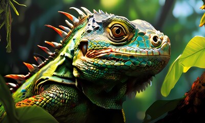 Fototapeta premium Green iguana adorned with vibrant spiky crest perched on a gnarled tree branch, AI Generated