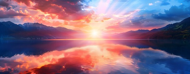 Beautiful colorful sunset with sun and clouds over lake in mountains landscape with reflection. Beautiful nature background, sky with copy space
