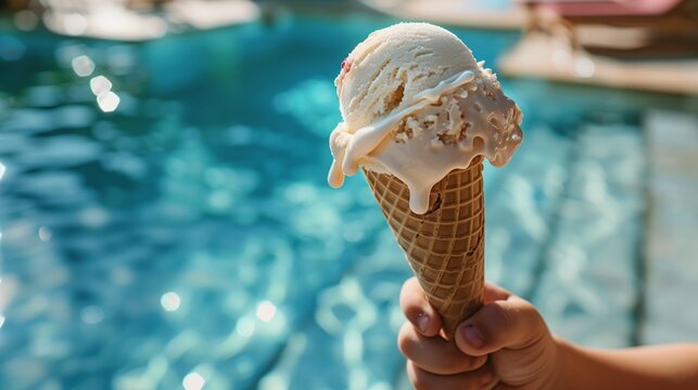  child holding an ice cream cone with a melting scoop, enjoying it by the pool.