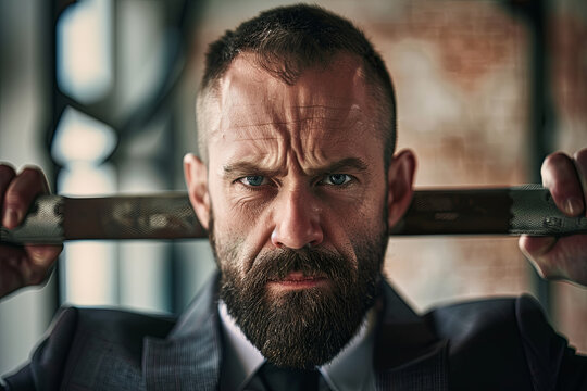 Strong businessman lifting heavy weight, demonstrating determination