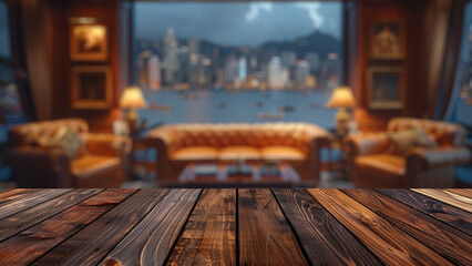 Foreground wooden table with a blurred hotel lobby background, perfectly suited for highlighting...
