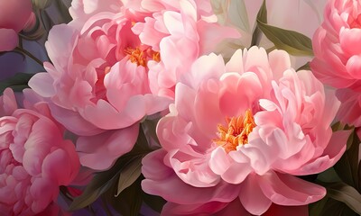 Peonies clustered at the center bright smooth pink petals with subtle gradients a delicate background, Ai Generated 