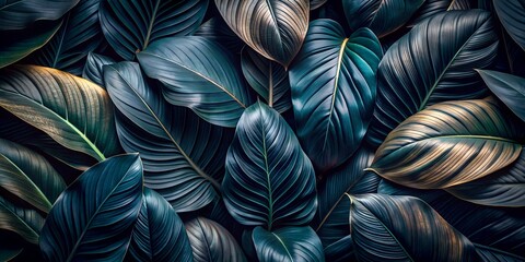 Flat Lay of Tropical Leaf Textures in Abstract Black