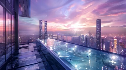 Fototapeta premium Breathtaking Skyline Retreat Luxurious Rooftop Spas Overlooking a Vibrant City at Sunset
