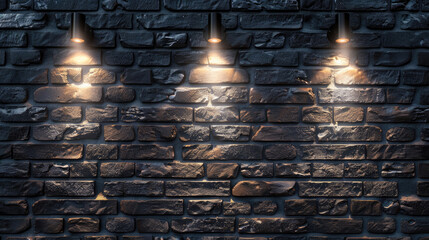 Three lamps illuminating a brick wall in darkness