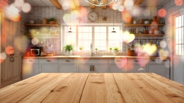 empty wooden plank table for kitchen background products and lamps