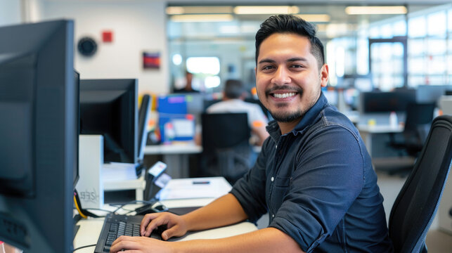 Happy and successful young latino male software engineer working at desk with computer looking front and smiling against modern office background