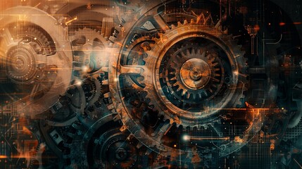 Fototapeta premium Rusty Steampunk Dreams: Close-Up Double Exposure of Intricate Gears and Victorian Silhouette