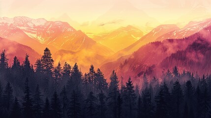 Obraz premium Mystical Dawn in the Mountains: Double Exposure Silhouette with Radiant Colors and Copy Space