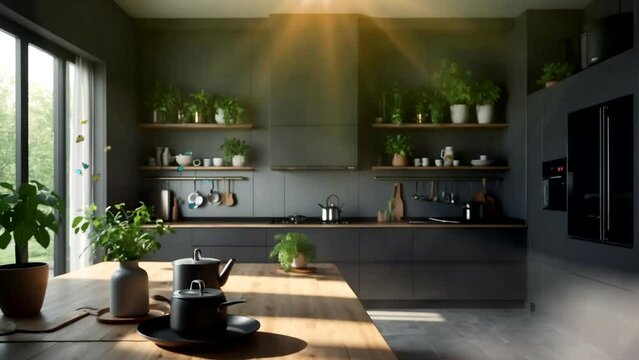 modern kitchen interior in gold and silver colors