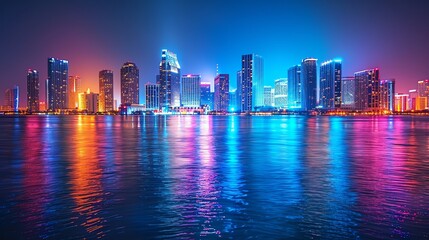 Fototapeta premium Vibrant cityscape skyline at night, reflected in water.