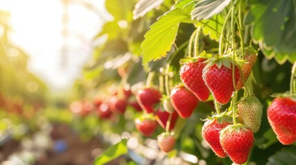 Obraz premium Strawberry Farm with Ripe Berries Hanging from the Strawberry Plant