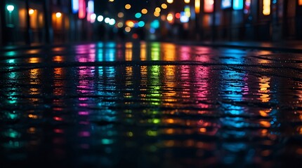  wet street at night with colorful lights reflecting off the pavement