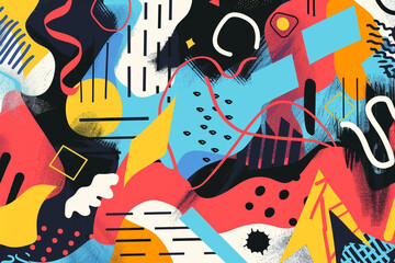 Lively animated shapes and vibrant colors in a quirky abstract pop style.