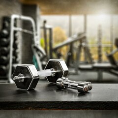 Black desk with free space, blurred gym interior in the background, metal dumbbells, vibrant and energetic atmosphere, focus on fitness.