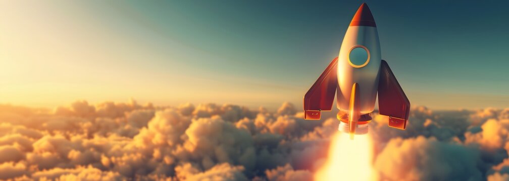 Vintage rocket ship flying in the sky with clouds. Retro space vehicle concept. Banner Template