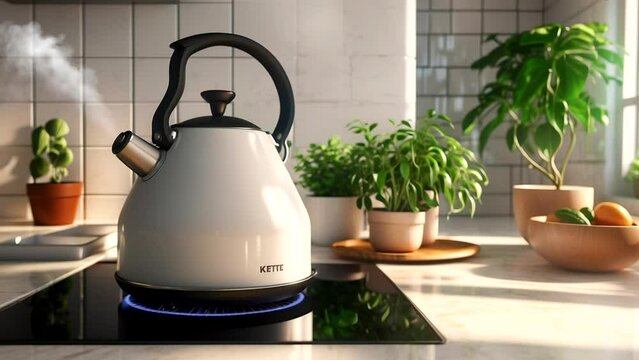 a kettle of boiling water in the kitchen