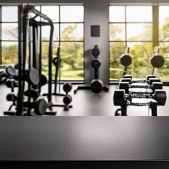 Fototapeta premium Sleek black desk with empty space, gym equipment blurred in the background, metal dumbbells, bright and active scene