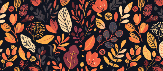 Autumn seamless pattern with hand drawn leaves and flowers in warm colors on dark background