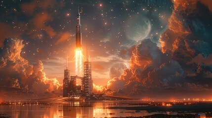 Fototapeta premium A futuristic spaceport with spacecraft launching into the cosmos against a backdrop of stars
