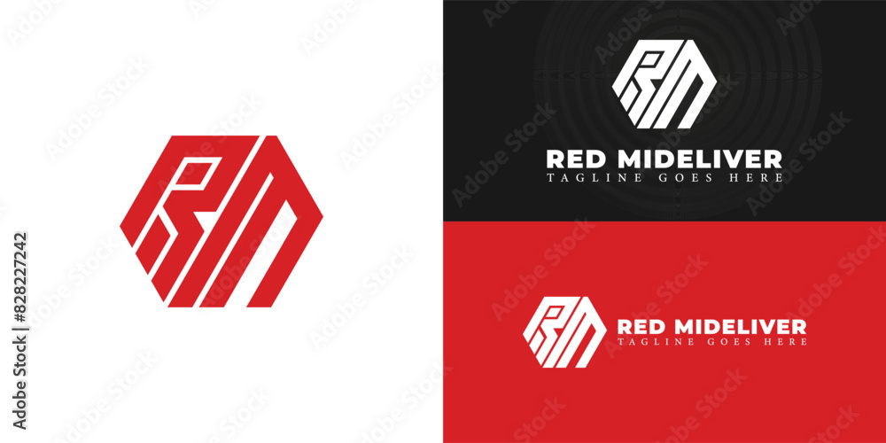 Poster abstract initial hexagon letter rm or mr logo in red color isolated on multiple background colors. t