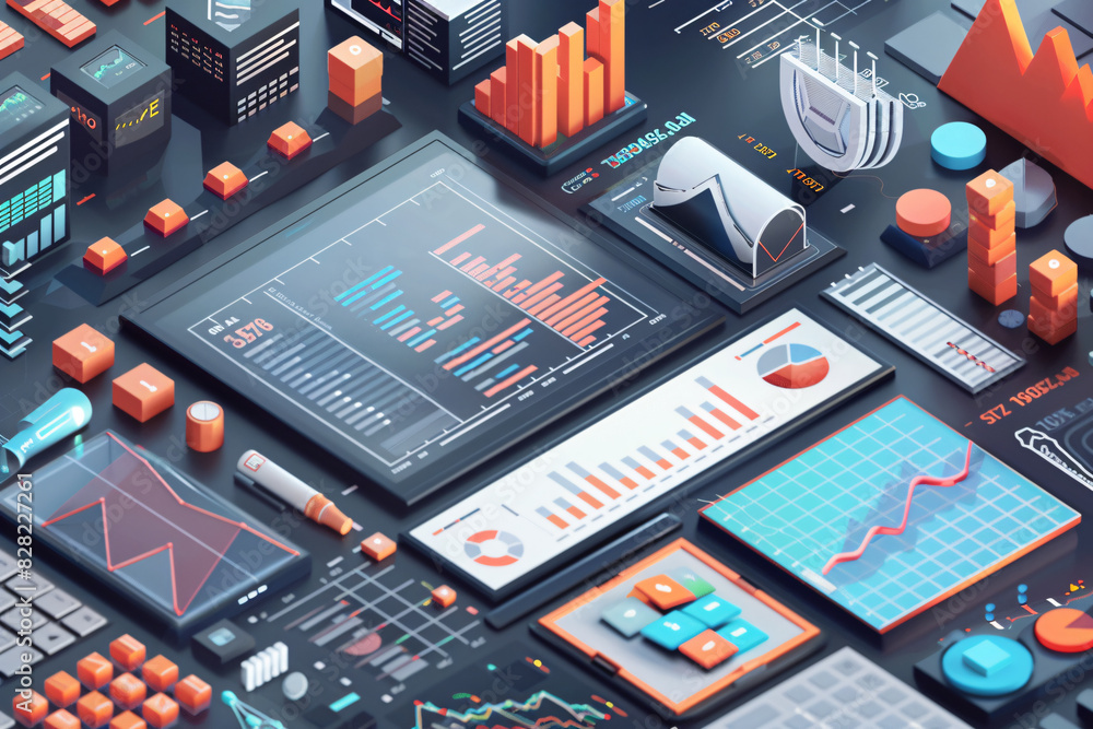 Poster isometric diagram of a stock portfolio with various assets, charts, and graphs, stock photo with cop