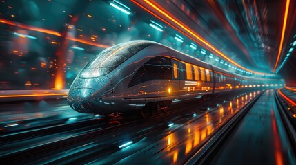 A high-speed futuristic train traveling through a futuristic urban landscape