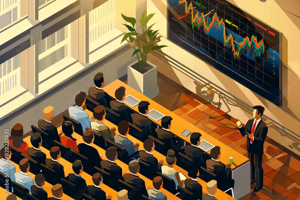 Poster isometric view of an online brokerage account showing detailed stock performance and trading options