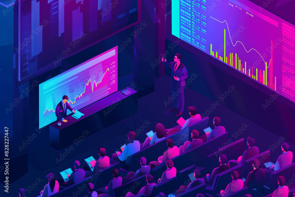 Poster isometric view of an online brokerage account showing detailed stock performance and trading options